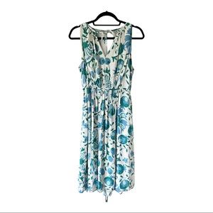 Loft Sleeveless Cream/Blue/Green V-Neck Tie Back Flowy Midi Dress Size Large